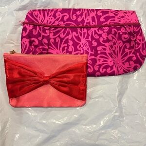 BUNDLE ~Pink Floral Clutch & Pink Bow Accent Cosmetic Pouch Set